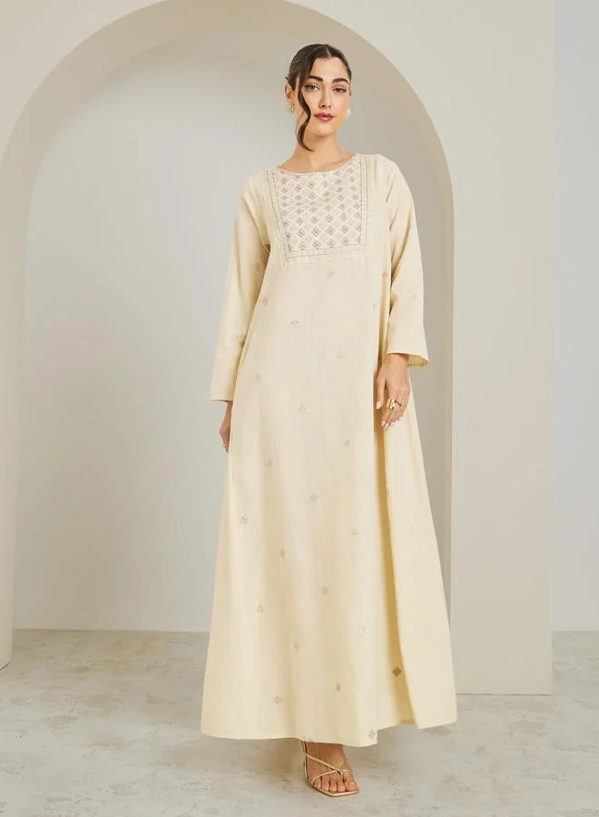 Amirah Women Cream Embroidered A-Line Jalabiya